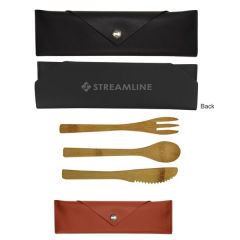 3 Piece Bamboo Utensil Set In Leatherette Pouch