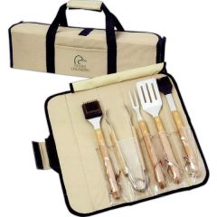 5 Piece Bbq Set (bamboo) In Roll-Up Case