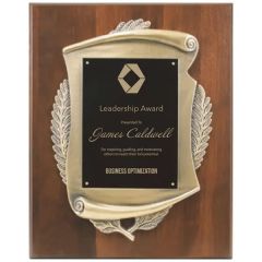 12 Inch X 15 Inch Genuine Walnut Plaque W/ Scroll Frame & Plate