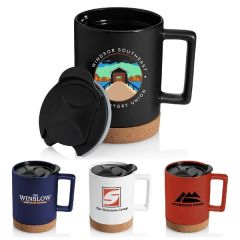 14 Oz Cork Base Ceramic Dishwasher-Safe Mug W/ Lid & Handle