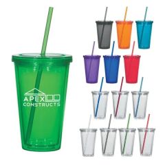 16 Oz Double Wall Acrylic Tumbler With Straw