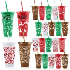 24 Oz Christmas Plastic Tumbler With Straw Lid