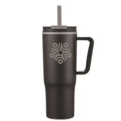 30 Oz Double Wall Plastic Travel Mug With Handle & Straw