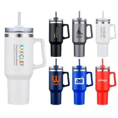 40 Oz Double Wall Insulated Travel Mug W/ Handle and Straw