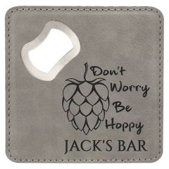 4 Inch X 4 Inch Square Gray Leatherette Coaster W/ Bottle Opener