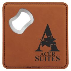 4 Inch X 4 Inch Square Rawhide Leatherette Coaster W/ Bottle Opener