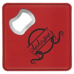 4 Inch X 4 Inch Square Red Leatherette Coaster W/ Bottle Opener
