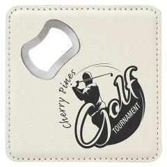 4 Inch X 4 Inch Square White Leatherette Coaster W/ Bottle Opener