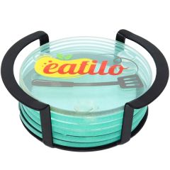 6 Piece Glass Coaster Set In Metal Stand