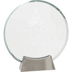 7 1/4 Inch Clear Round Platinum Glass Award W/ Metal Base