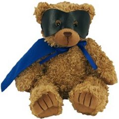 8 Inch Super Hero Bear With Vinyl Mask and Blue Cape