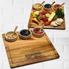 Acacia Charcuterie Serving Board With Ceramic Bowls & Spoons