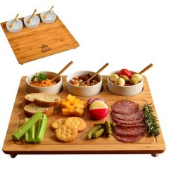 Bamboo Charcuterie Serving Board With Ceramic Bowls & Spoons