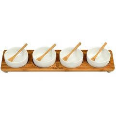 Bamboo Serving Platter With 4 Ceramic Bowls And Spoon