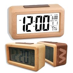 Bamboo Wooden LCD Alarm Digital Clock With Night Light Temp