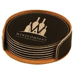 Black/Gold Leatherette Round Coaster Set