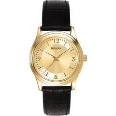Bulova Round Gilt Dial Womens Watch W/Black Leather Strap