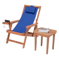 Canvas Sling Chair W/Beverage Holder & End Table-Walnut,blue