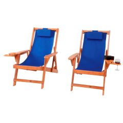 Canvas Sling Chair W/Beverage Holder, Set Of 2-Walnut, Blue