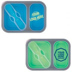 Collapsible 2 Section Food Container And Dual Utensil With Custom Handle Box 