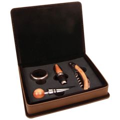 Dark Brown Leatherette 4-Piece Wine Tool Set