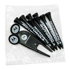 Golf Tee Poly Packet W/ 8 Tees, 2 Ball Markers & Divot Tool