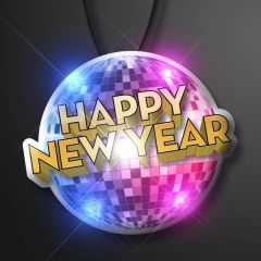 Happy New Year Disco Ball Blinkies On Black String Lanyard