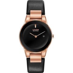 Ladies' Eco-Drive Watch Pink Gold-Tone W/Black Leather Strap