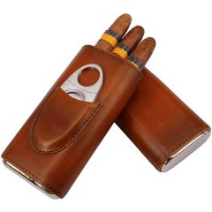 Leather Cigar Case With Silver Stainless Steel Cutter