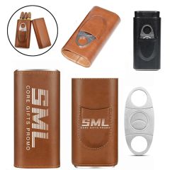 Leather Cigar Case With Silver Stainless Steel Cutter