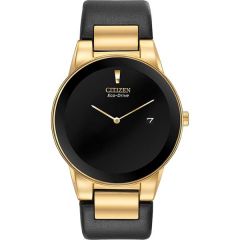 Men's Eco-Drive Watch, Gold-Tone With Black Leather Strap