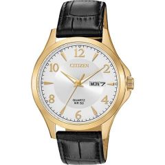 Men's Quartz Watch, Black Leather Strap With Silver Dial