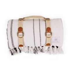 Montecito Picnic Blanket With Harness, White & Blue Stripe