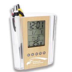 Multifunctional Digital Bamboo and Wood Pen Holder Clock