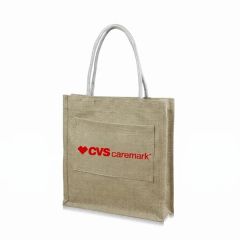 Natural Hook & Loop Closure Jute Tote Bag W/ Front Pocket
