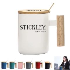Nordic Ceramic Mug With Bamboo Lid, Wood Handle & Spoon