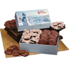 Peppermint Bark & Pecan Clusters In Blue Snowman Gift Box