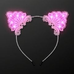 Pink LED White Lace Cat Headband, Festival Light Ears