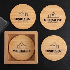 Round Bamboo 4pc. Coaster Set In Box