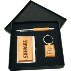 Silver/Wood Finish Gift Set With Business Card Case & Pen