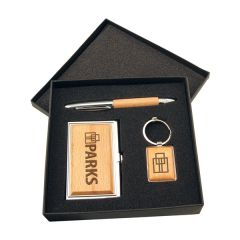 Silver/Wood Gift Set With Business Card Case, Pen & Keychain