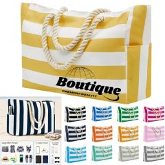 Striped Canvas Beach Tote With Rope Handles Carryall