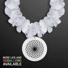 White Flower Lei Necklace With Medallion Non-Light Up