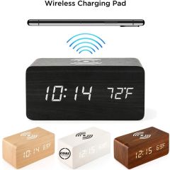 Wooden Alarm Clock With Wireless Charging Pad